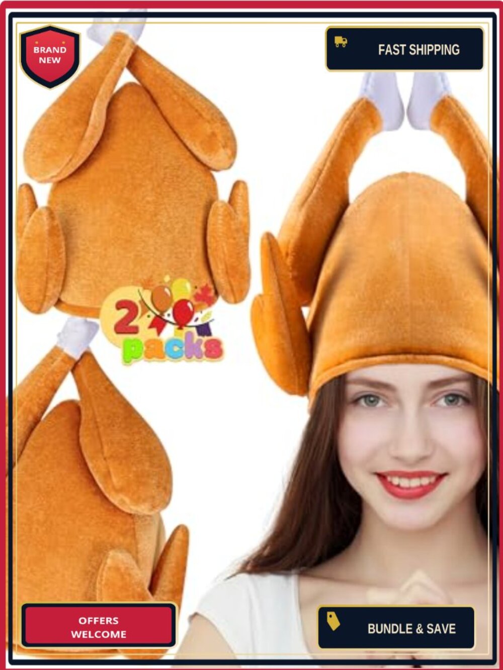 2PCS Thanksgiving Turkey Hat Set for Adults Funny Roasted Turkey Trot